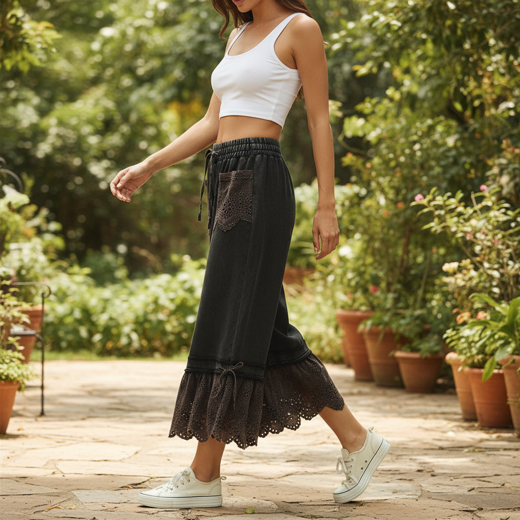 Women's black mineral-wash boho pants with eyelet ruffle hem, walking in garden setting