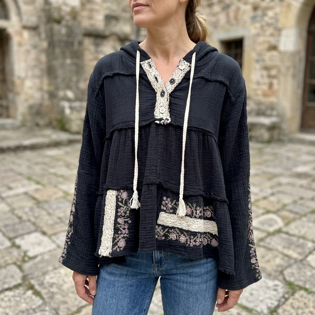 POL Clothing women's black gauze hoodie front detail with cream lace placket and floral embroidery