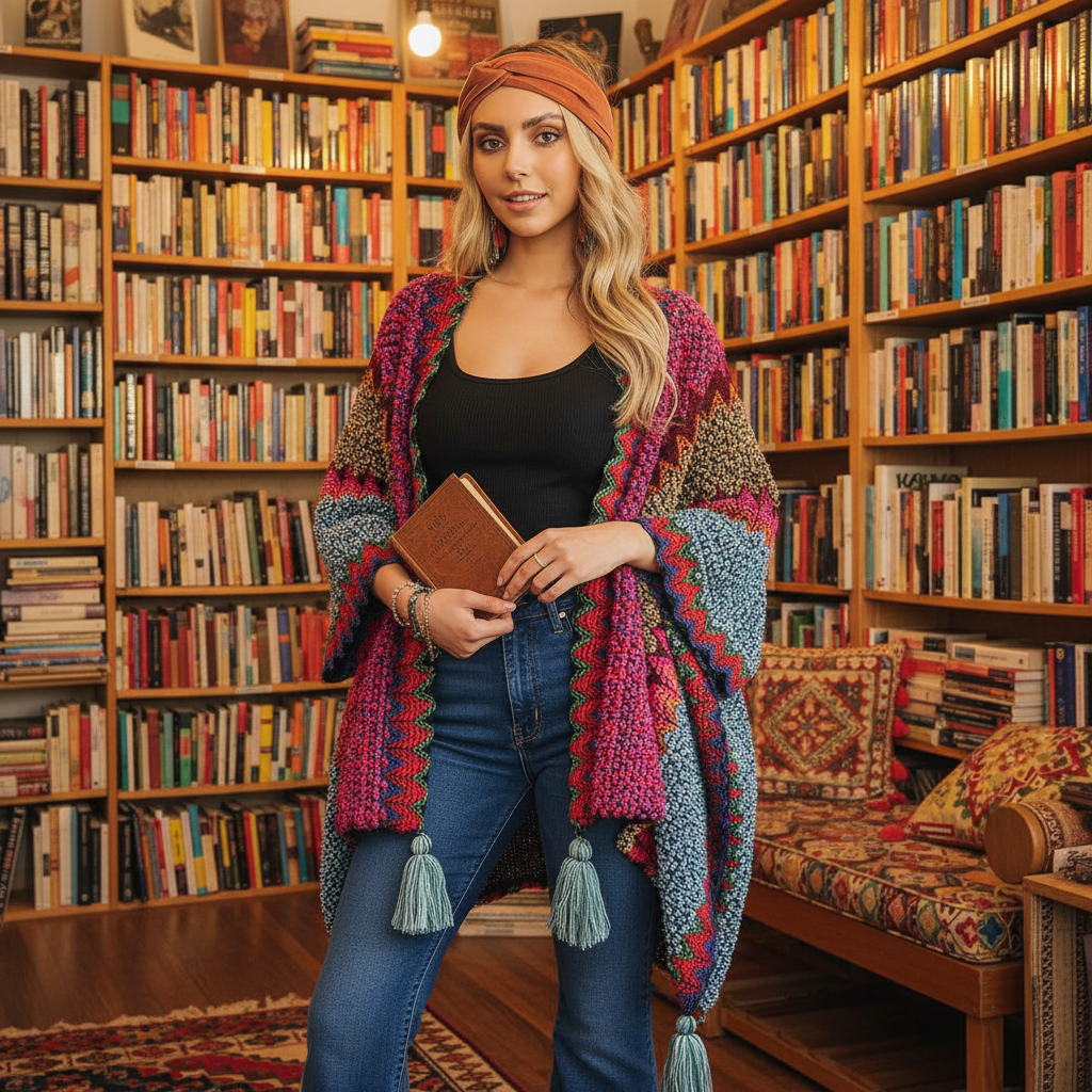 Women's multicolor chunky knit boho kimono cardigan with tassel trim styled with dark jeans cozy bookshop fall look