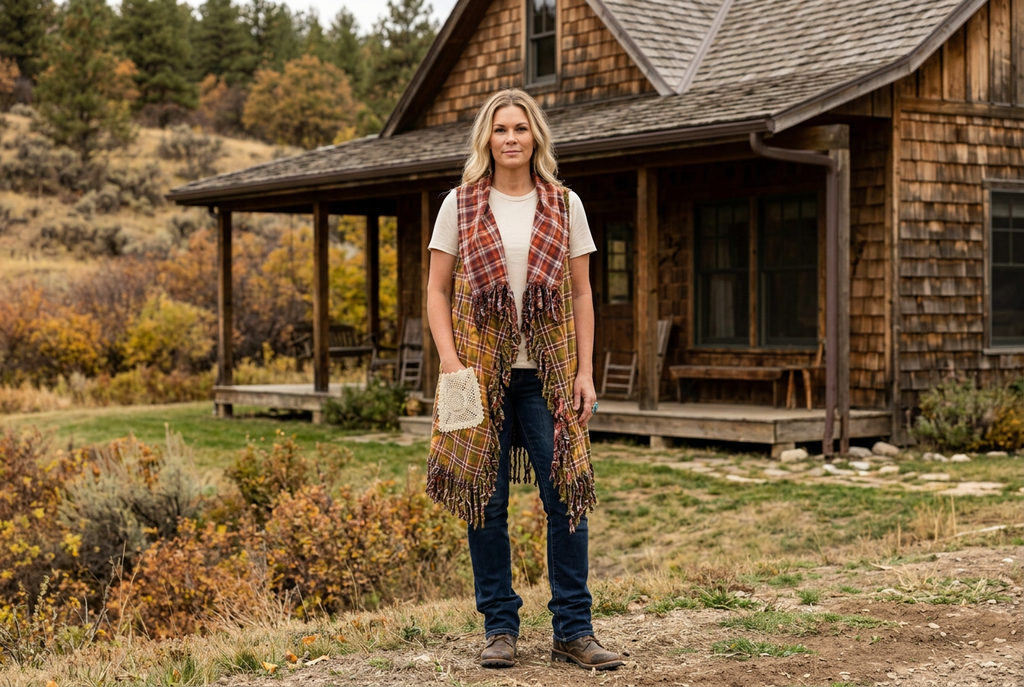 Woman wearing an olive plaid fringe vest, cream tee and jeans outside a rustic ranch house.