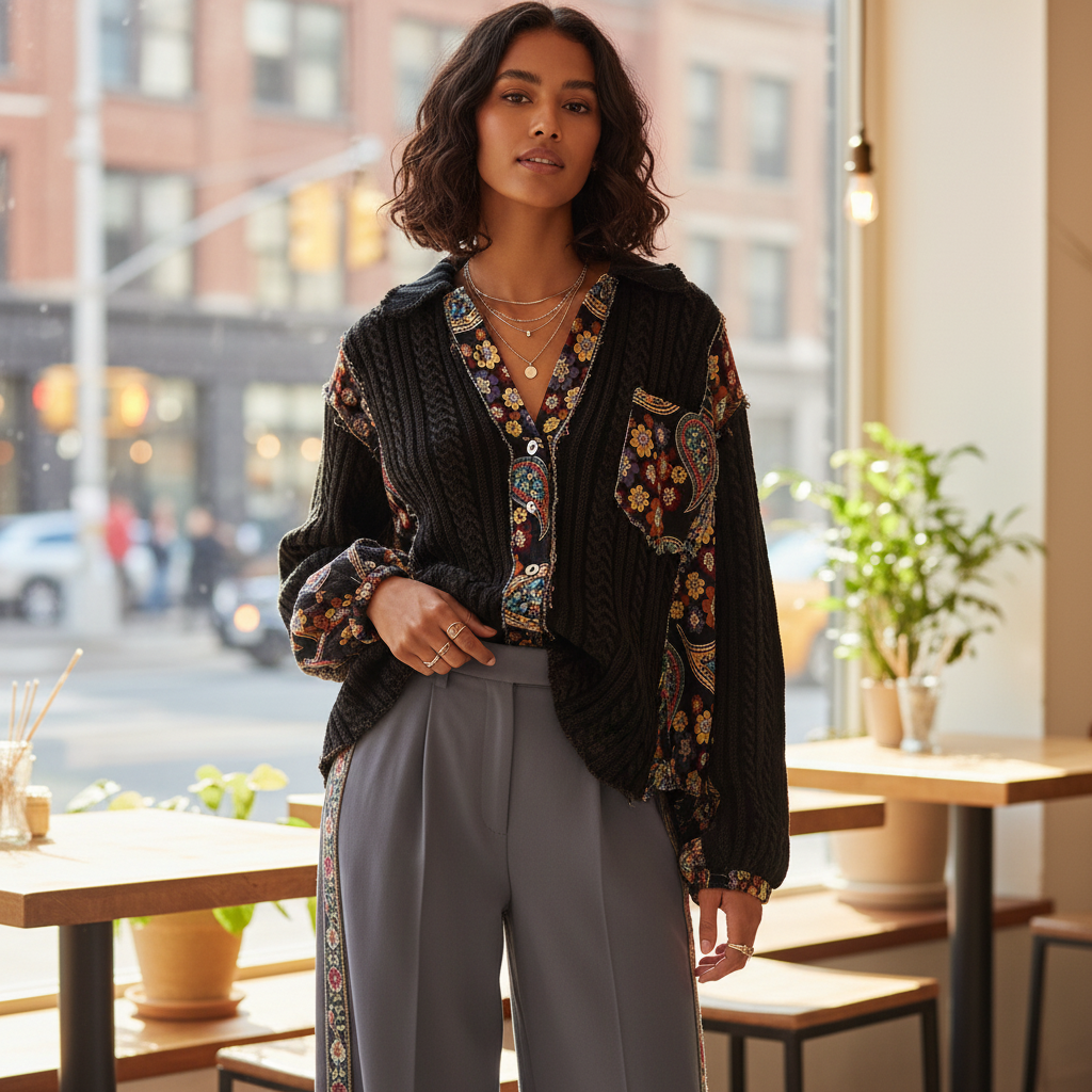 Women's black multi paisley jacquard collar neck A-line top styled in a real-world setting with bokeh background - BellanBlue