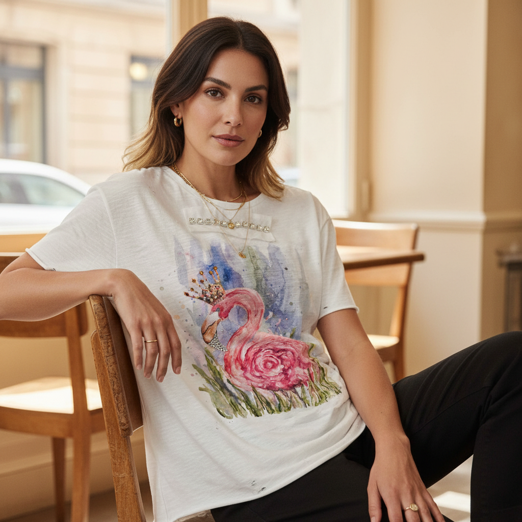 Women's white oversized flamingo graphic tee with crystal embellishments, relaxed seated pose, warm café setting