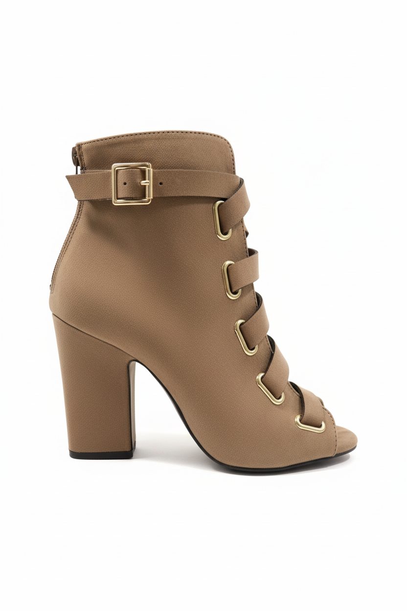 Taupe lace-up ankle booties - side profile view highlighting 3.5-inch chunky block heel and bootie silhouette