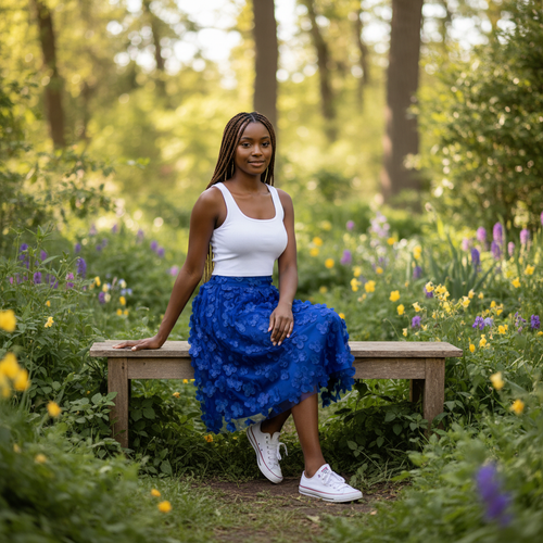 Women's royal blue floral appliqué mesh midi skirt relaxed outdoor pose garden setting full body