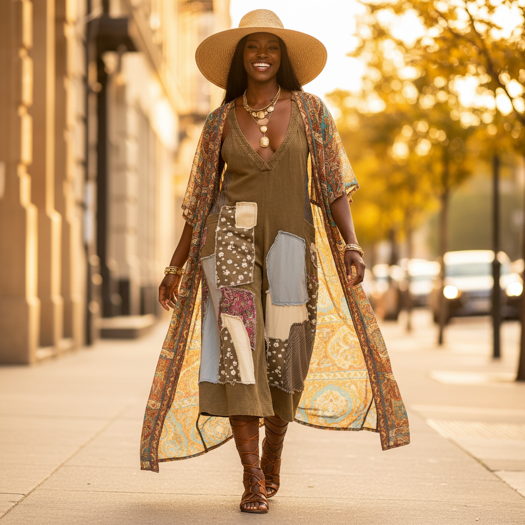 Women's olive patchwork jumpsuit layered with longline kimono and wide-brim hat festival boho outfit