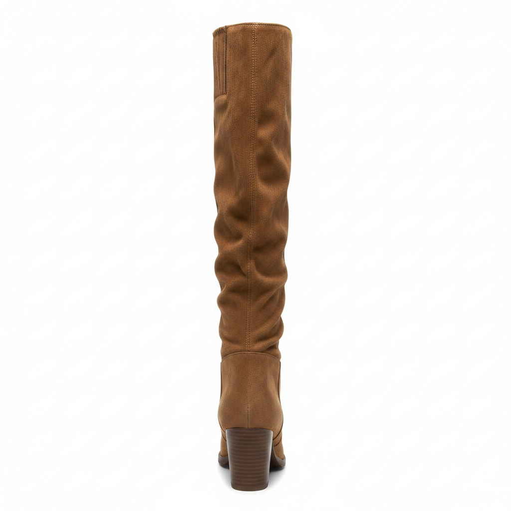 Back view of women's coffee brown slouchy faux suede OTK boot showing vertical elastic panel and stacked block heel white background