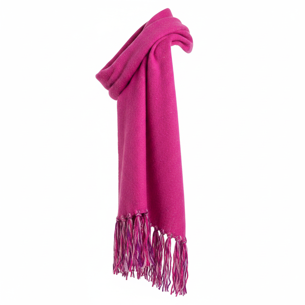 Women's fuchsia knit scarf wrap, side view, full length and drape, pink magenta lavender fringe ends