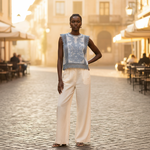 Women's denim blue embroidered lace trim crop top styled with wide-leg trousers - BellanBlue