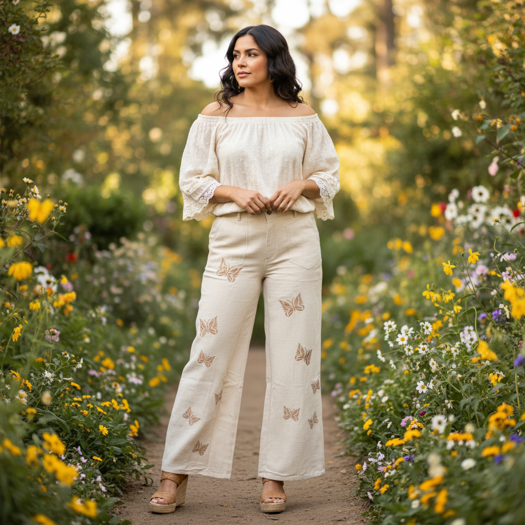 Women's cream boho wide-leg pants with butterfly print, relaxed fit, styled with off-shoulder blouse, Latina model