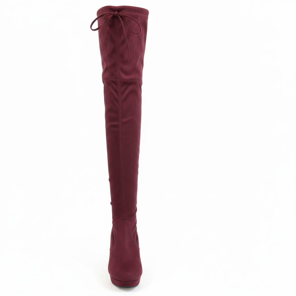Women's wine burgundy stretch faux suede over-the-knee boot with round toe chunky block heel and lace-up tie top front view white background