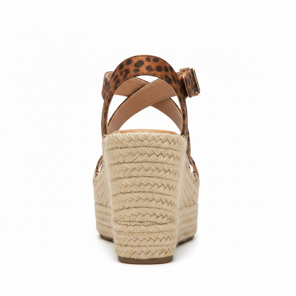 Rear view of leopard print espadrille wedge sandal showing ankle strap buckle and braided jute platform heel, white background