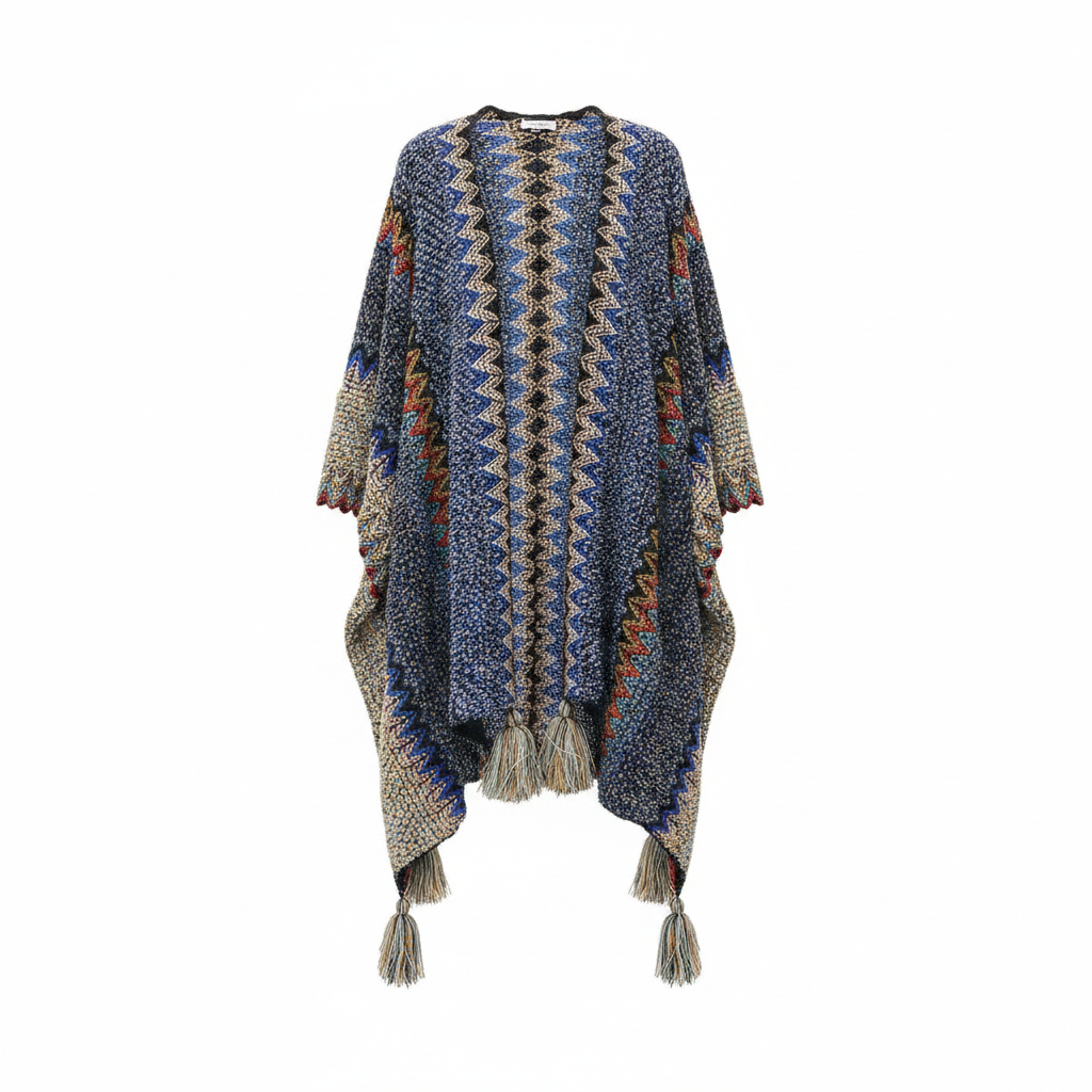 Women's cobalt blue chevron knit boho kimono cardigan ghost mannequin front view oversized wrap with tassel trim - BellanBlue