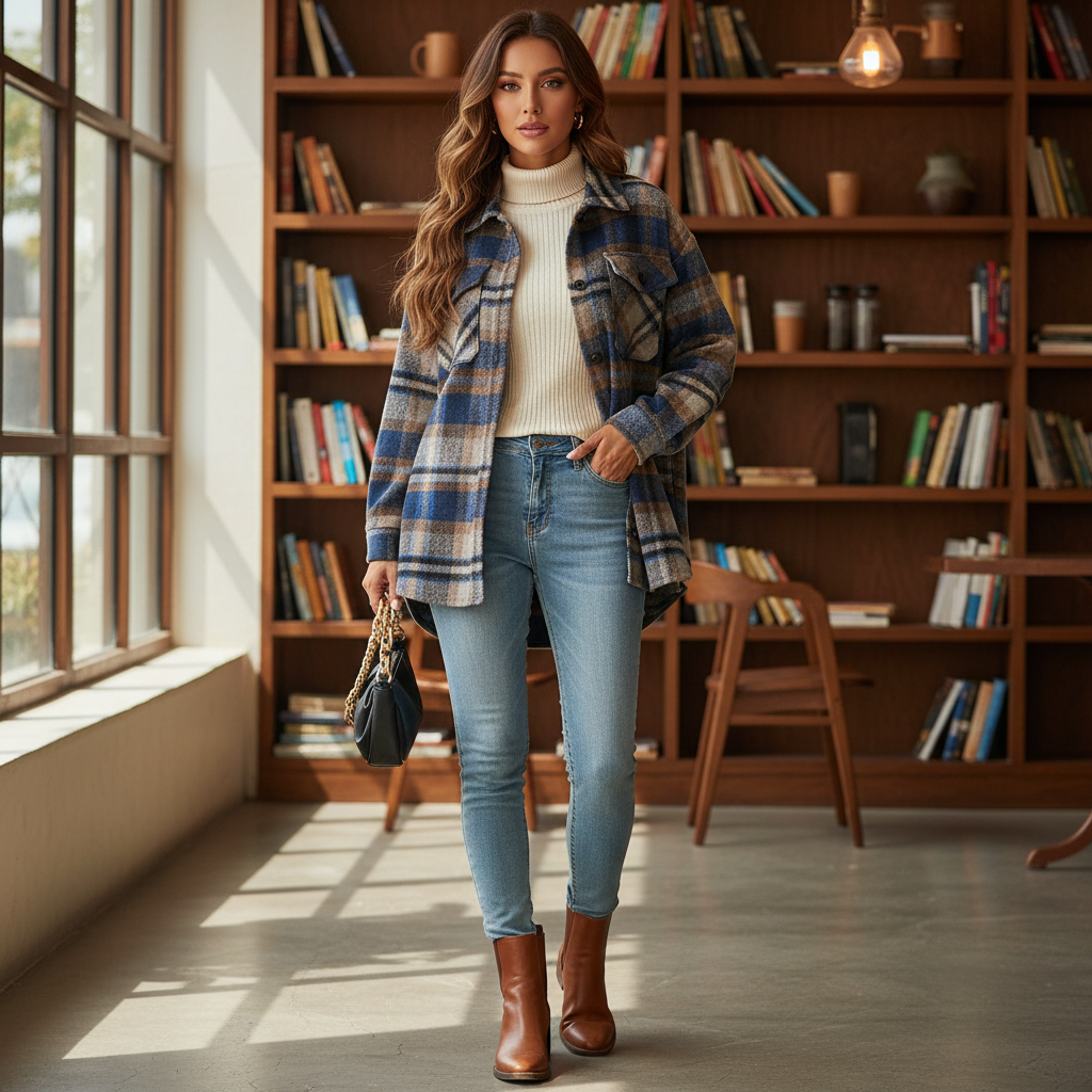 Women's blue camel plaid shacket worn open over turtleneck and jeans, relaxed oversized flannel fit