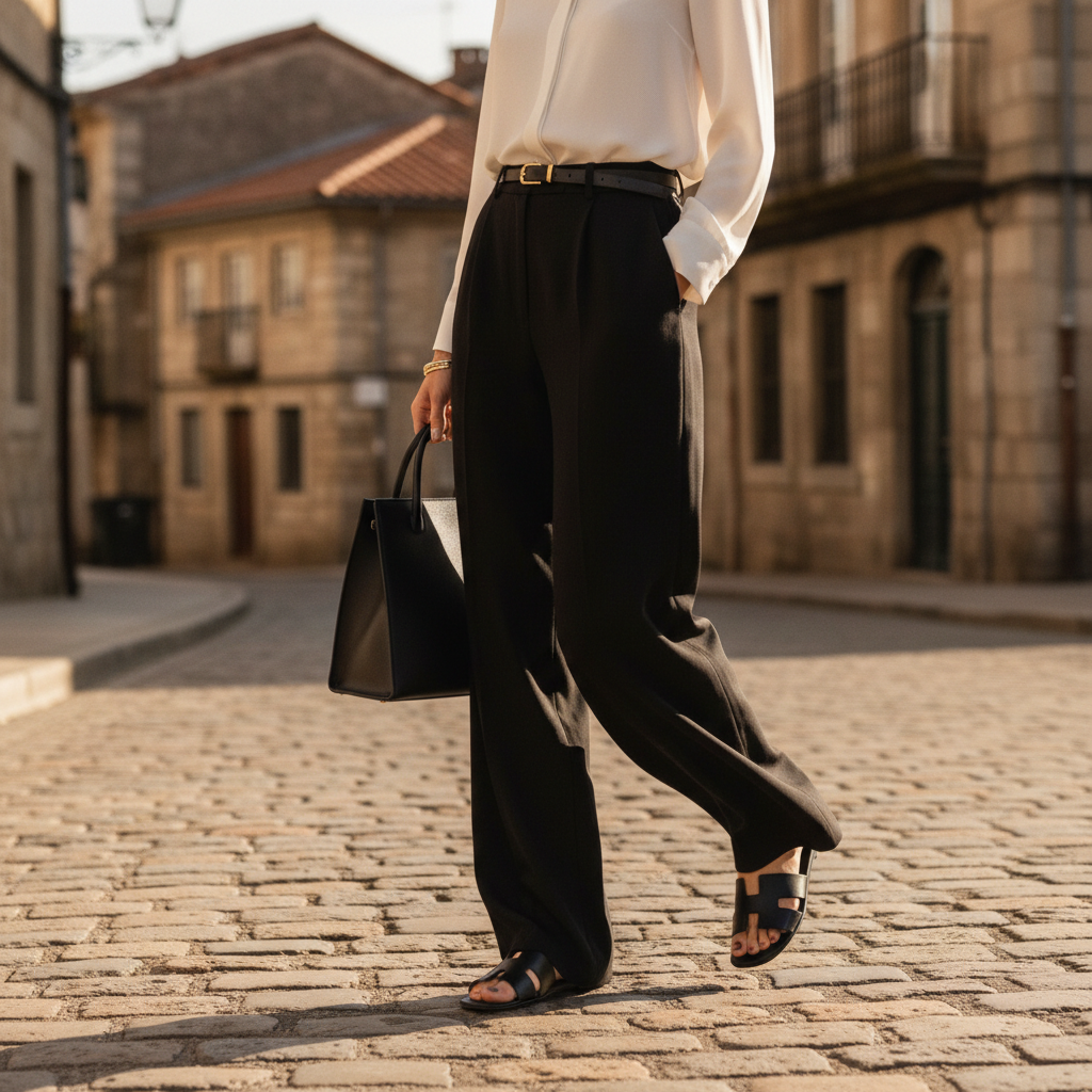 Woman wearing black flat slide sandals with wide-leg trousers on a cobblestone street, chic minimal style