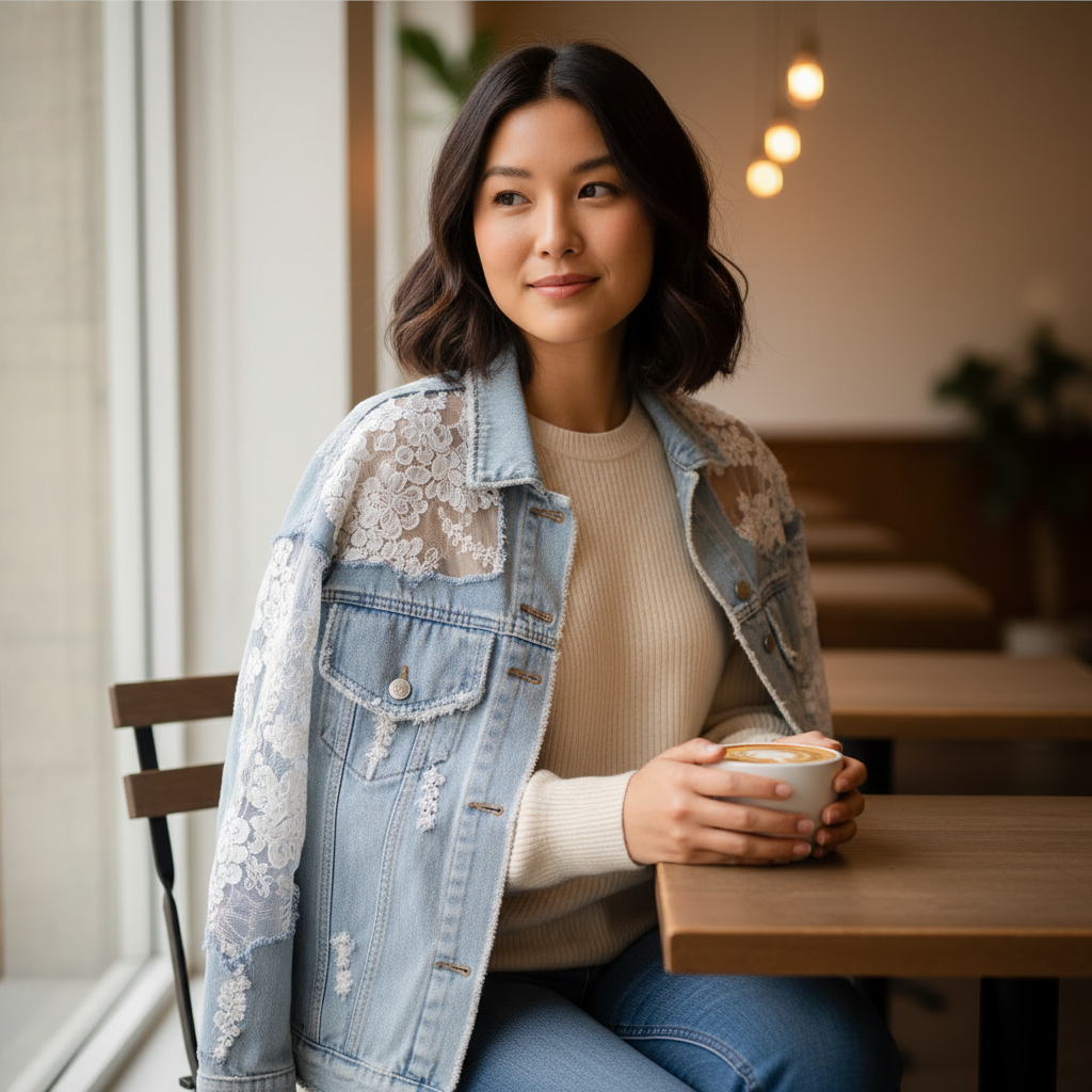 Women's light blue boho denim jacket with sheer lace embroidery sleeves styled over cream blouse sitting at café relaxed fit