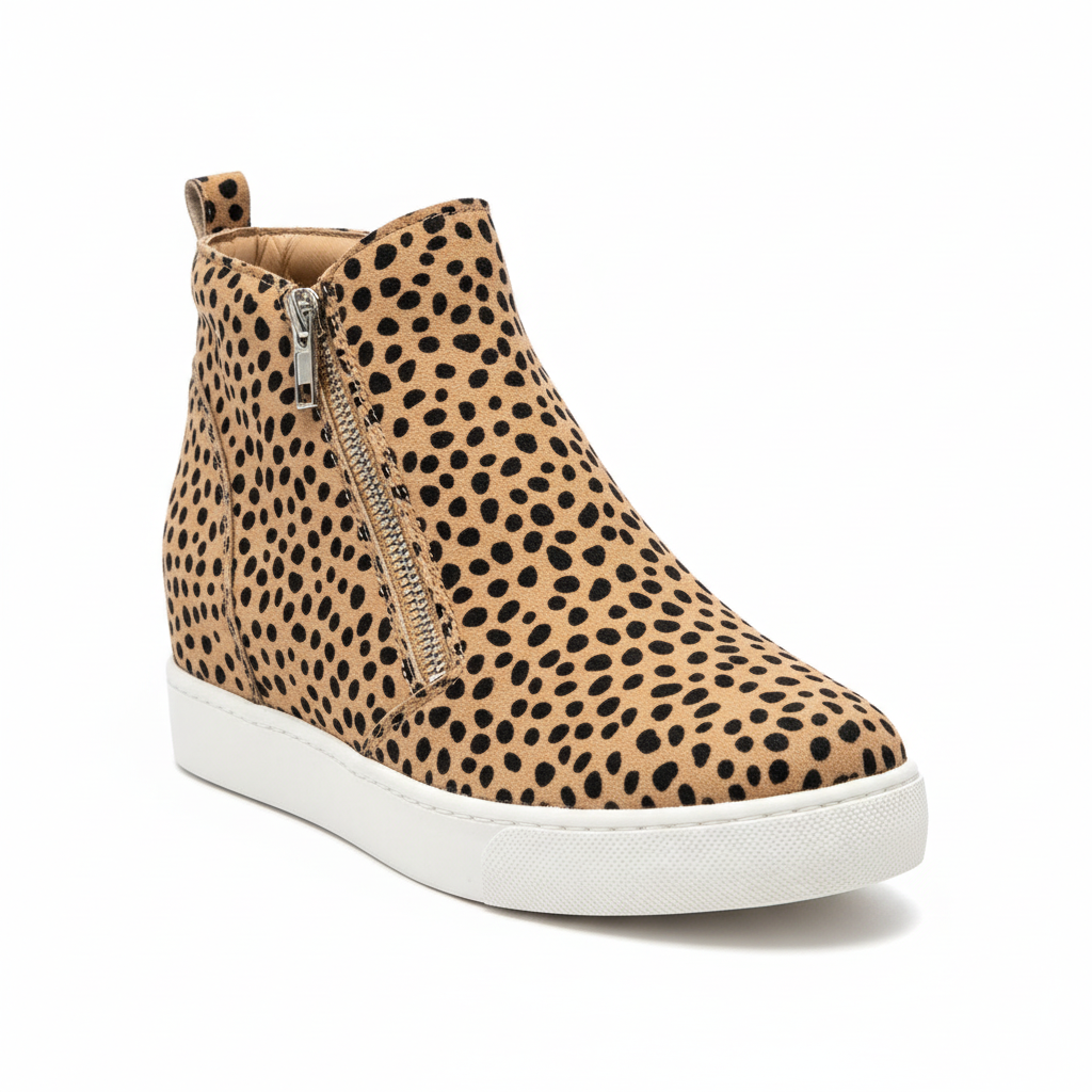 Front three-quarter view of leopard print high-top sneaker with zipper detail