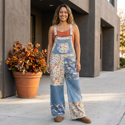 Blue floral and camouflage patchwork overalls with wide legs, worn with a rust tank outside a modern gallery.