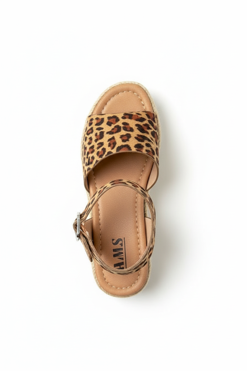 Women's leopard print espadrille platform sandal top view showing insole and interior