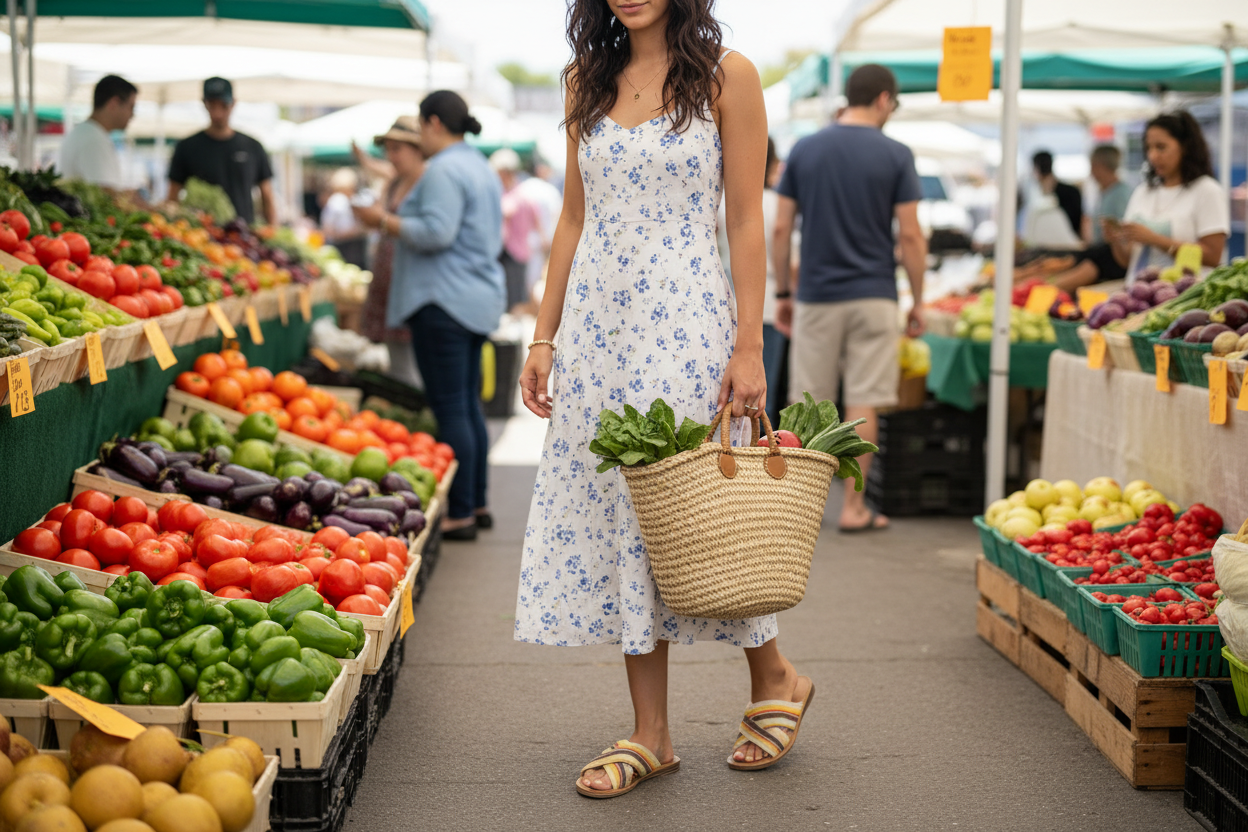 Woman wearing striped slide sandals shopping at outdoor farmers market in casual summer dress