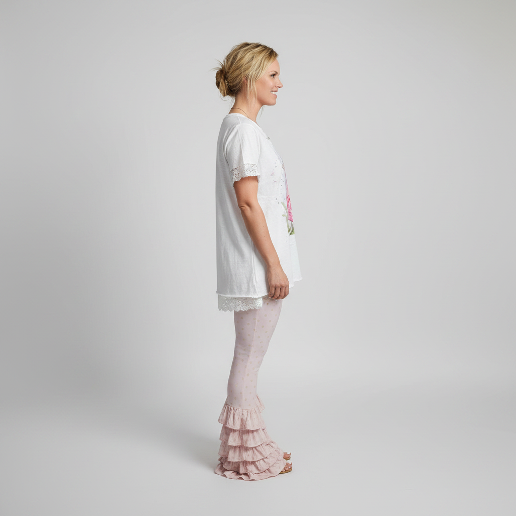 Women's white cotton oversized tee, side profile showing relaxed drape and raw distressed hem, studio