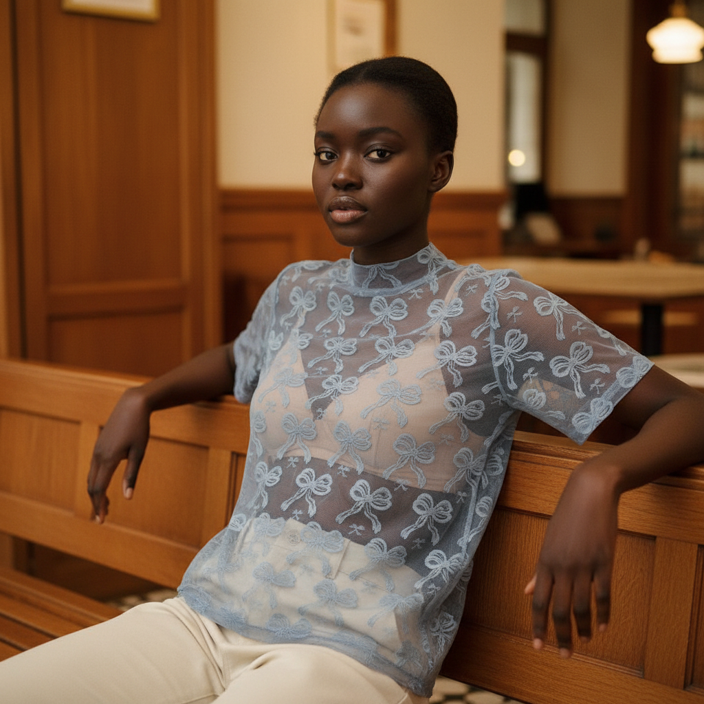 Women's dusty blue sheer mesh top, bow lace pattern, high neck, draped over seated model