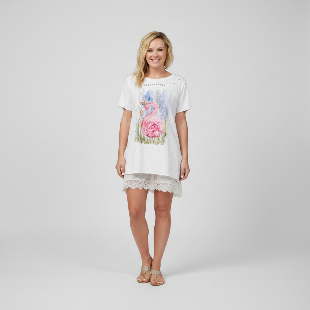 Women's white cotton tee with hand-painted flamingo crown graphic and rhinestone trim, oversized fit, front view