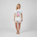 Women's white cotton tee with hand-painted flamingo crown graphic and rhinestone trim, oversized fit, front view