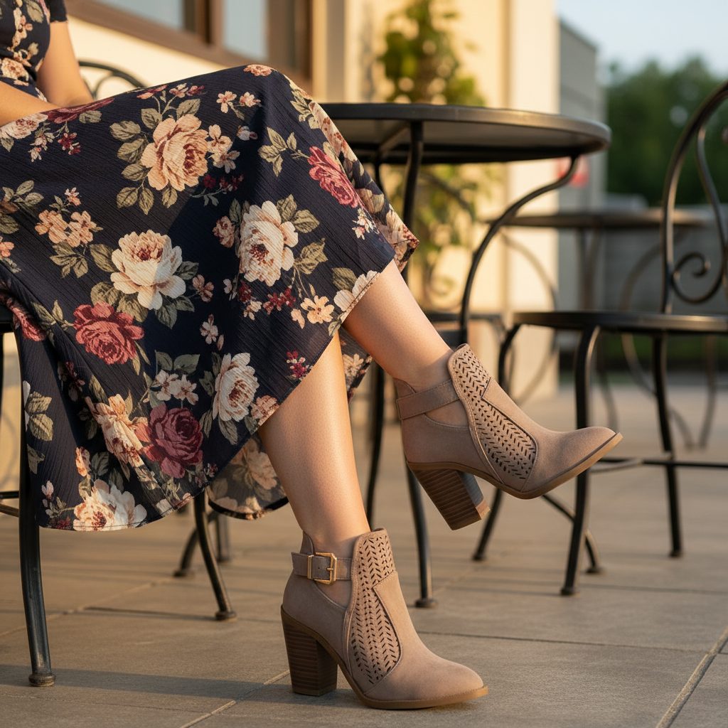 Women's taupe perforated ankle booties with gold square buckle and stacked block heel styled with floral midi skirt at cafe terrace