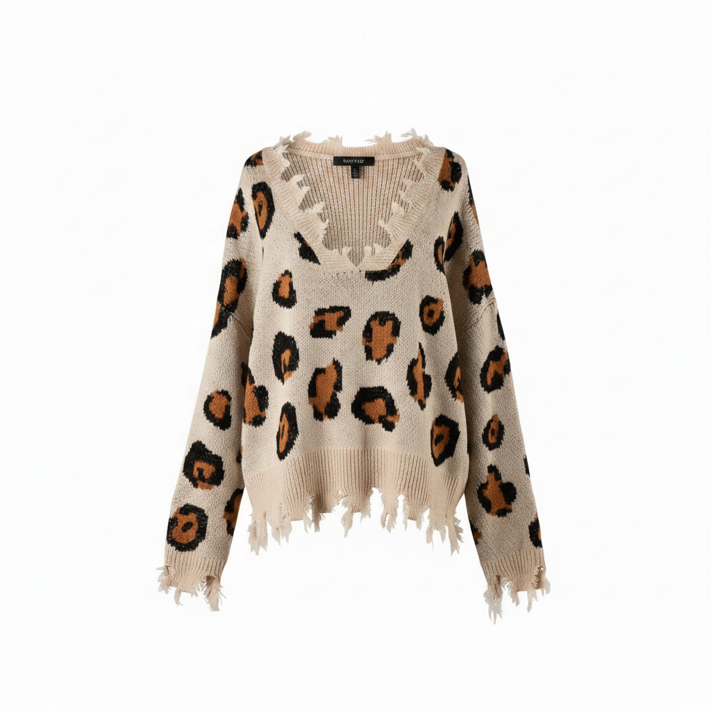 Women's cream leopard print distressed knit sweater front view, ghost mannequin, frayed V-neckline, oversized fit - BellanBlue
