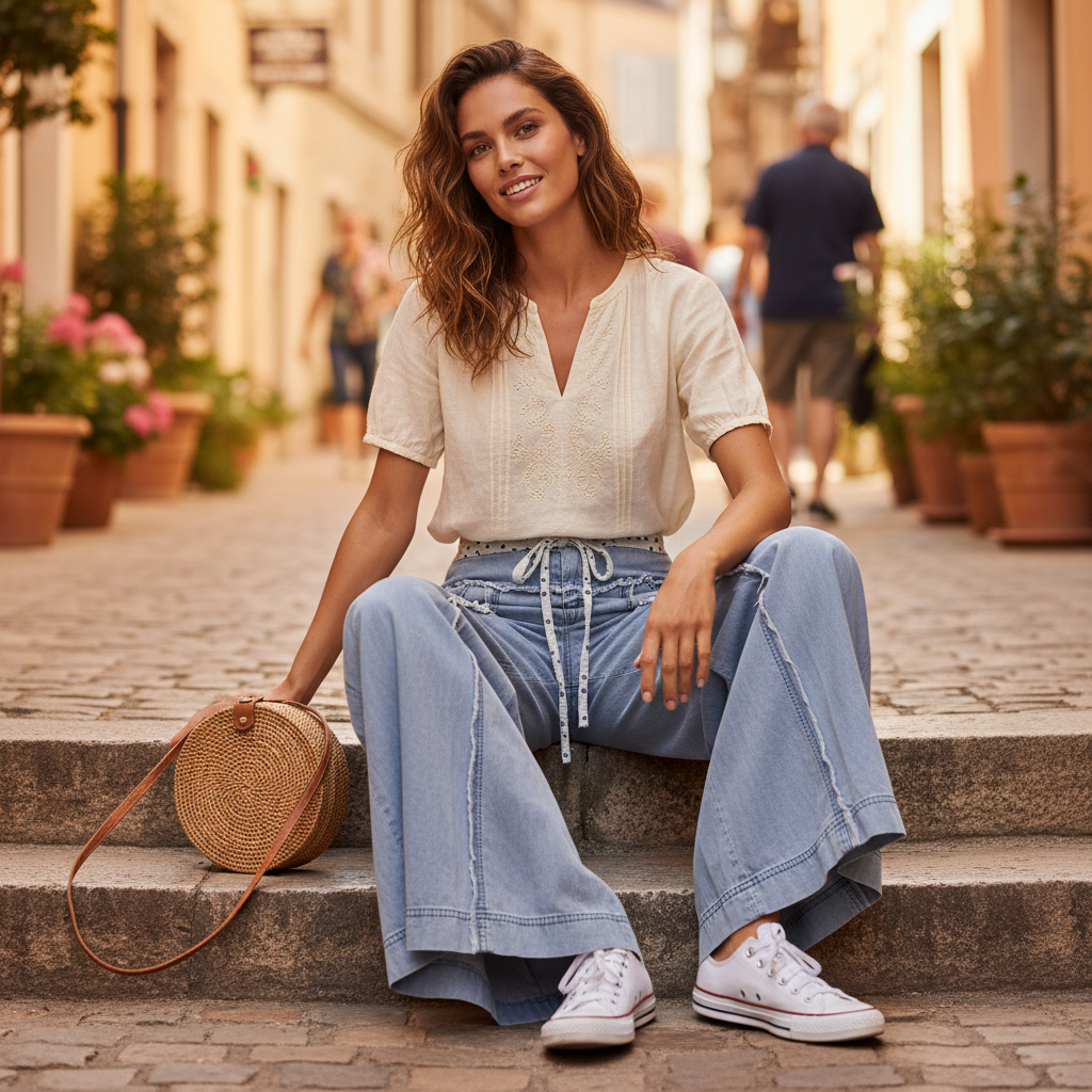 Women's denim blue eyelet wide leg ruffle pants with linen blouse and woven bag seated outdoor café boho weekend look