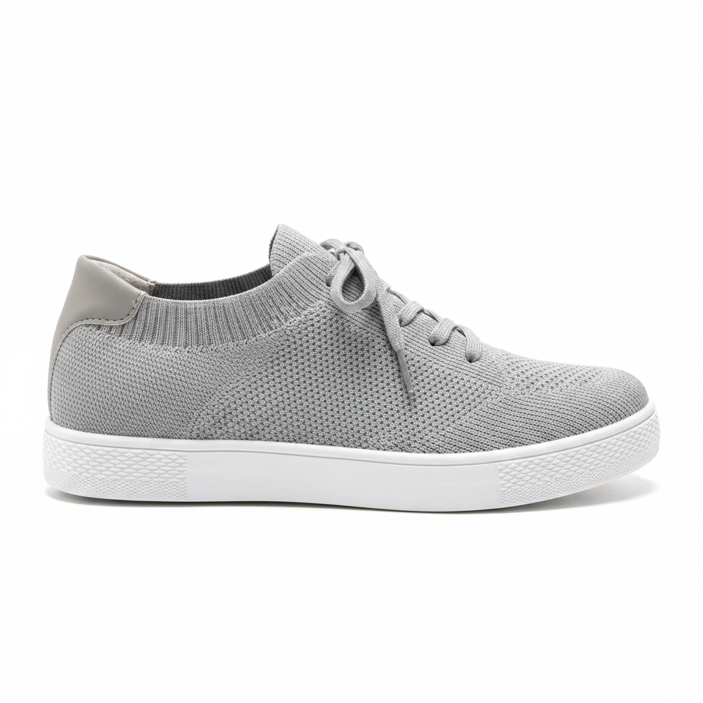 Women's light grey flyknit sneaker side profile view showing woven knit texture and white cupsole