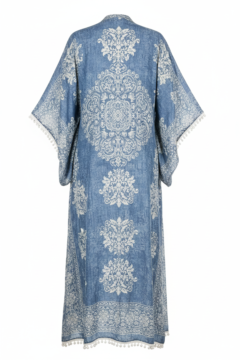 Damask print kimono duster in washed denim blue - back view showing medallion pattern and wide sleeves