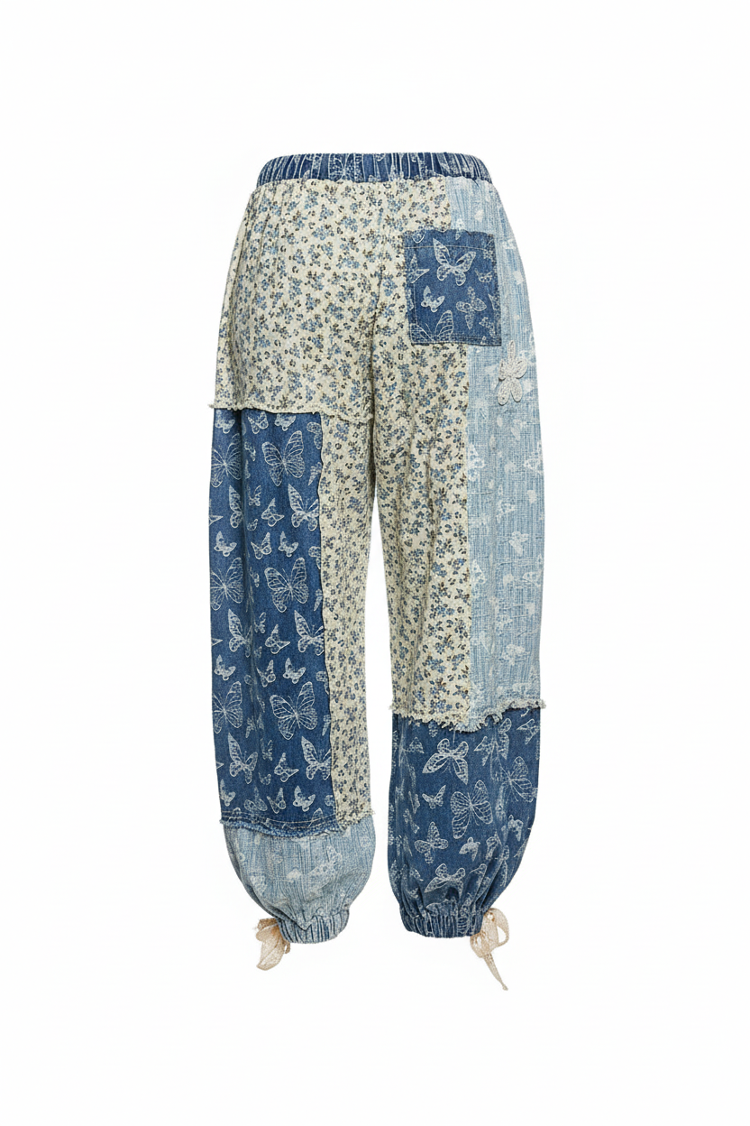 POL Patchwork Butterfly Print Joggers in Blue Butterfly Multi - back view ghost mannequin