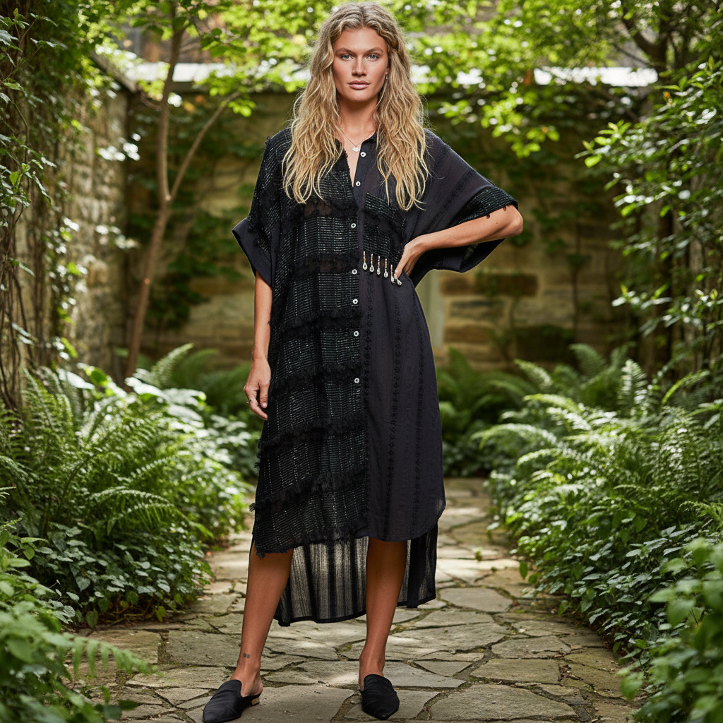 Women's black oversized midi shirt dress beaded fringe trim relaxed outdoor garden pose boho boutique style