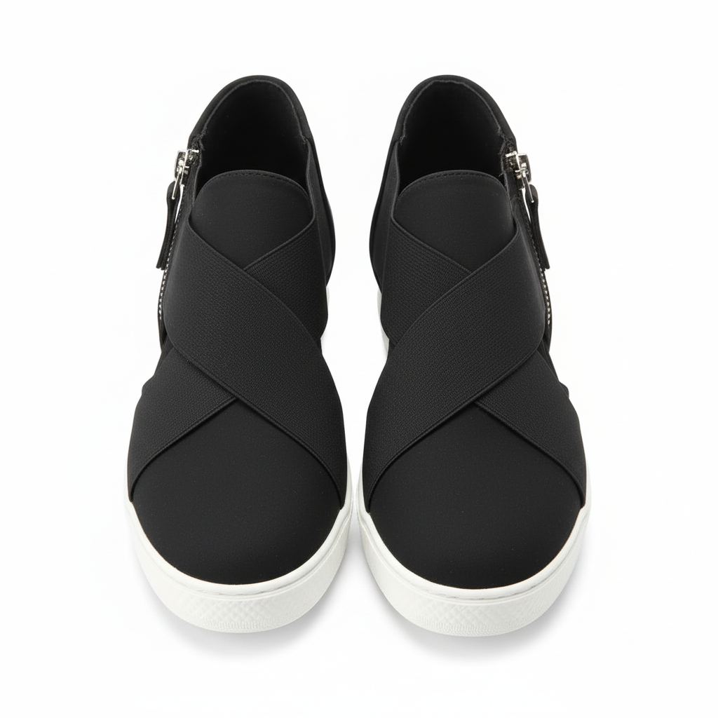 Black slip-on sneakers with crisscross elastic straps - front view showing white rubber sole