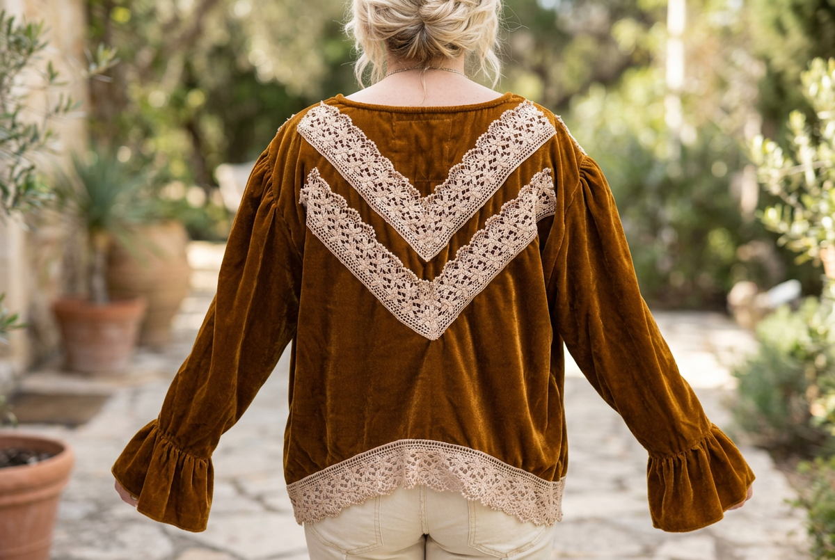A Rare Bird Shop women's golden-brown velvet jacket showing double-V cream crochet back trim in a garden