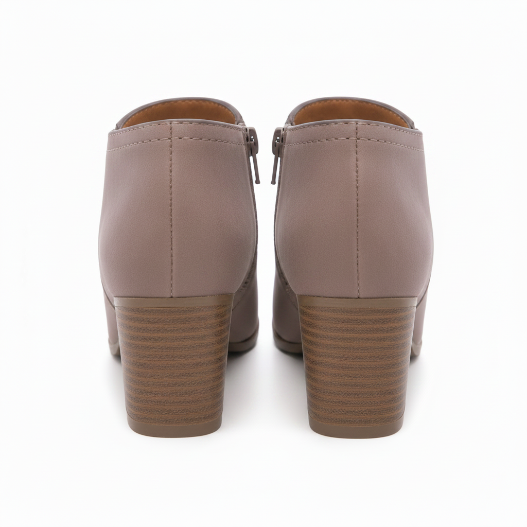 Qupid Nutmeg peep-toe ankle booties straight rear view showing center rear zip closure and stacked wood-grain block heel
