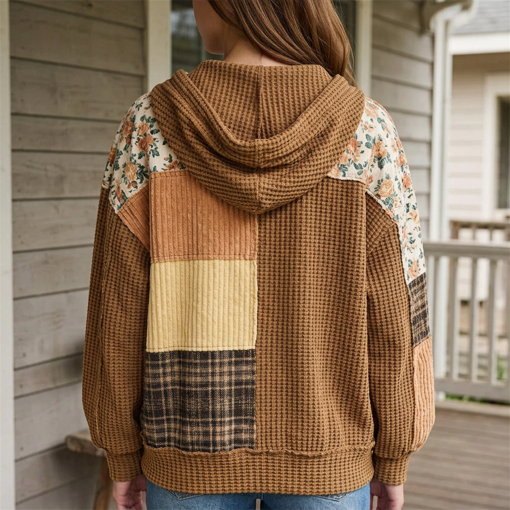 Back of a brown patchwork jacket showing its textured hood, floral shoulders, plaid panel and ribbed sections.