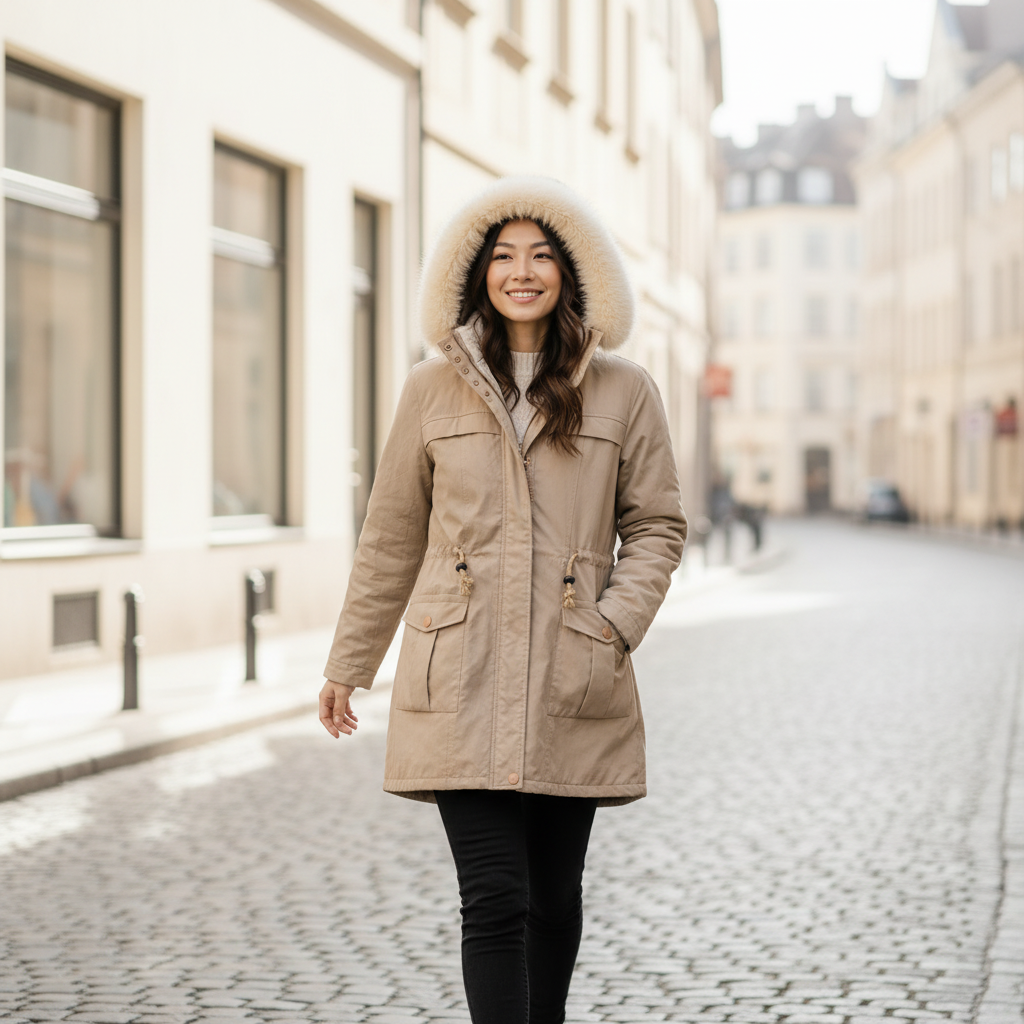 Women's tan faux fur hooded parka coat, midi length, drawstring waist, walking lifestyle shot