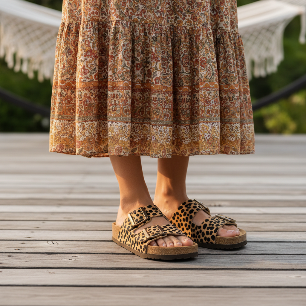 Women's leopard double strap cork slide sandals with antique gold buckles styled with boho midi skirt wooden deck