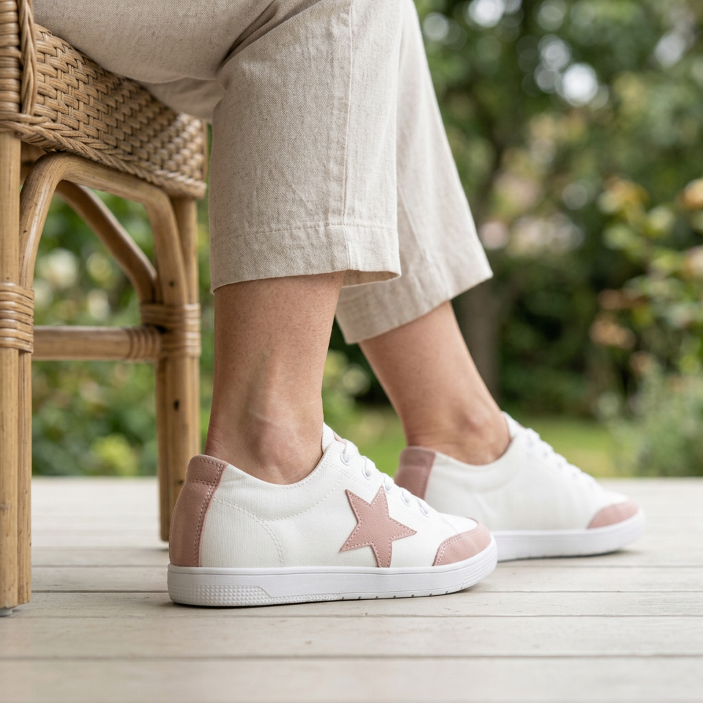 Women's white canvas star sneakers showing blush pink heel strips, worn with oatmeal trousers on a porch