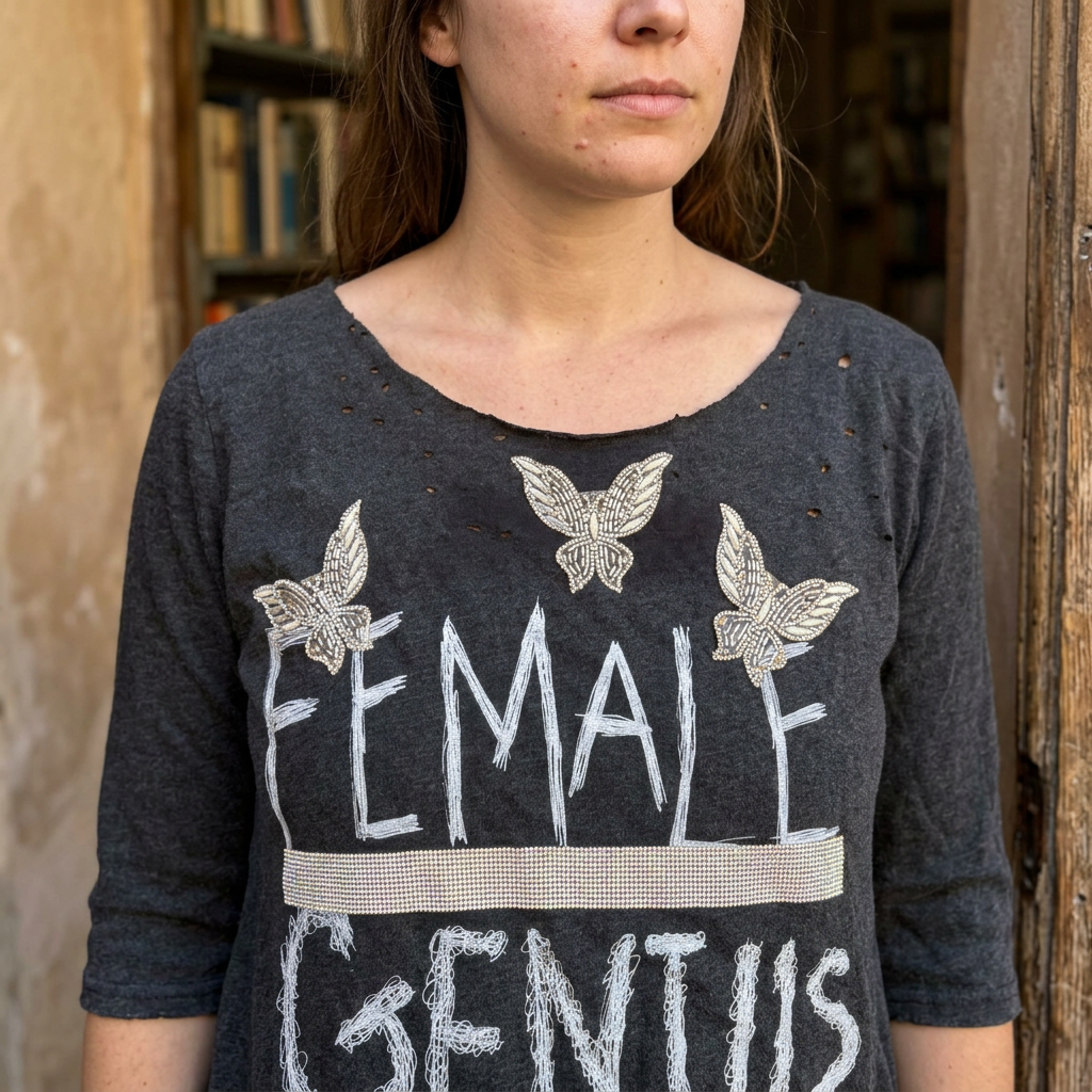 Close-up of three beaded butterflies, white FEMALE lettering, and a tattered neckline on a charcoal tee.
