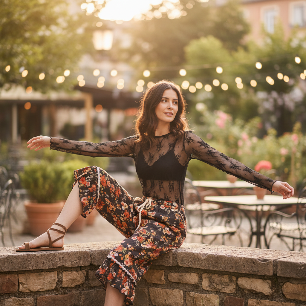 Women's vintage floral wide-leg capri pants, seated pose showing ruffle hem drape and volume