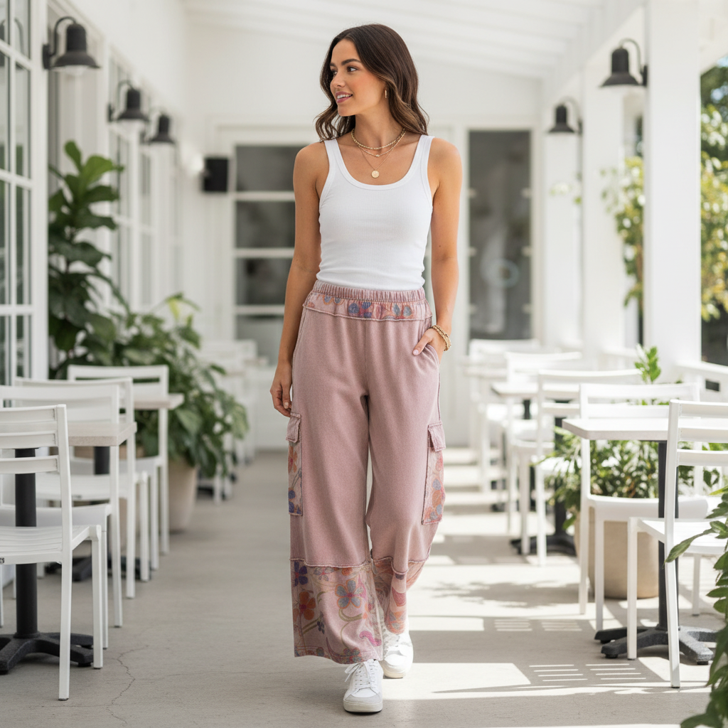 Easel wide leg cargo pants in mauve floral print styled with white ribbed tank and sneakers at outdoor cafe patio