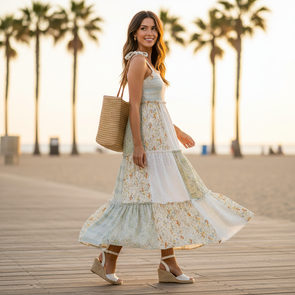 Mello women's Ivory Multi patchwork tiered maxi dress on model walking, resort boardwalk lifestyle