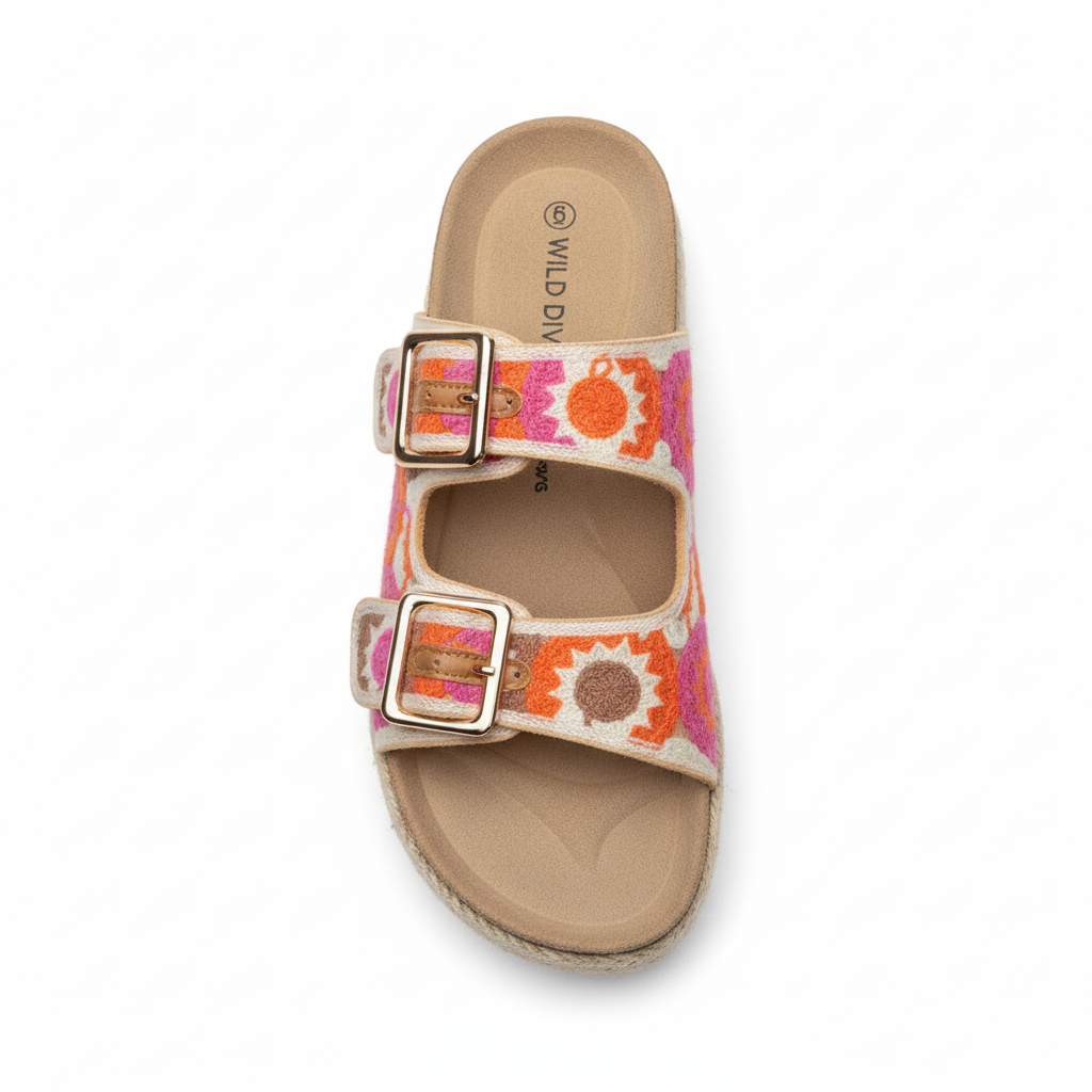 Women's floral embroidered platform espadrille sandal - top view showing vibrant floral pattern and buckle details