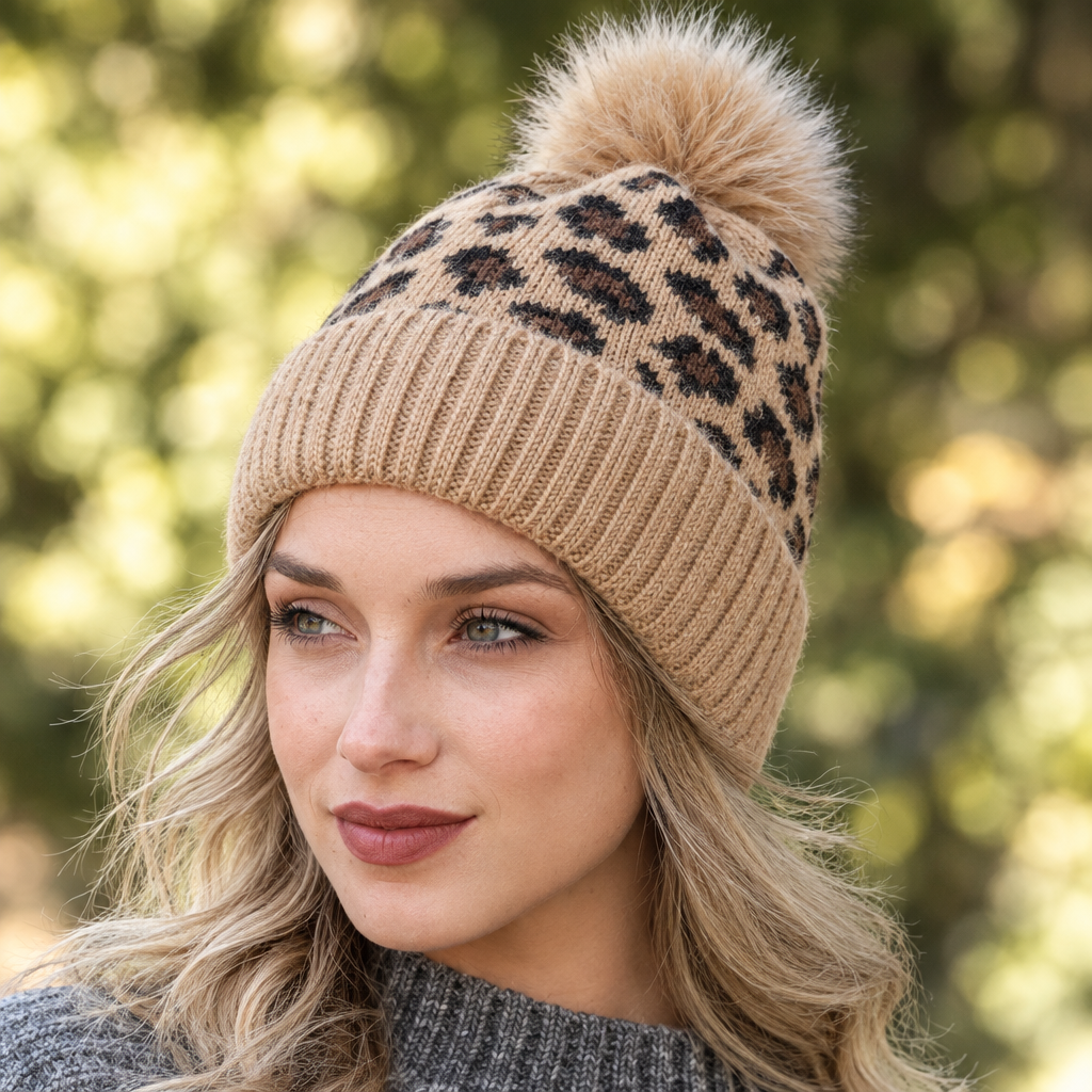 Close-up of Leto Collection camel leopard print ribbed knit beanie crown and tan faux fur pom pom