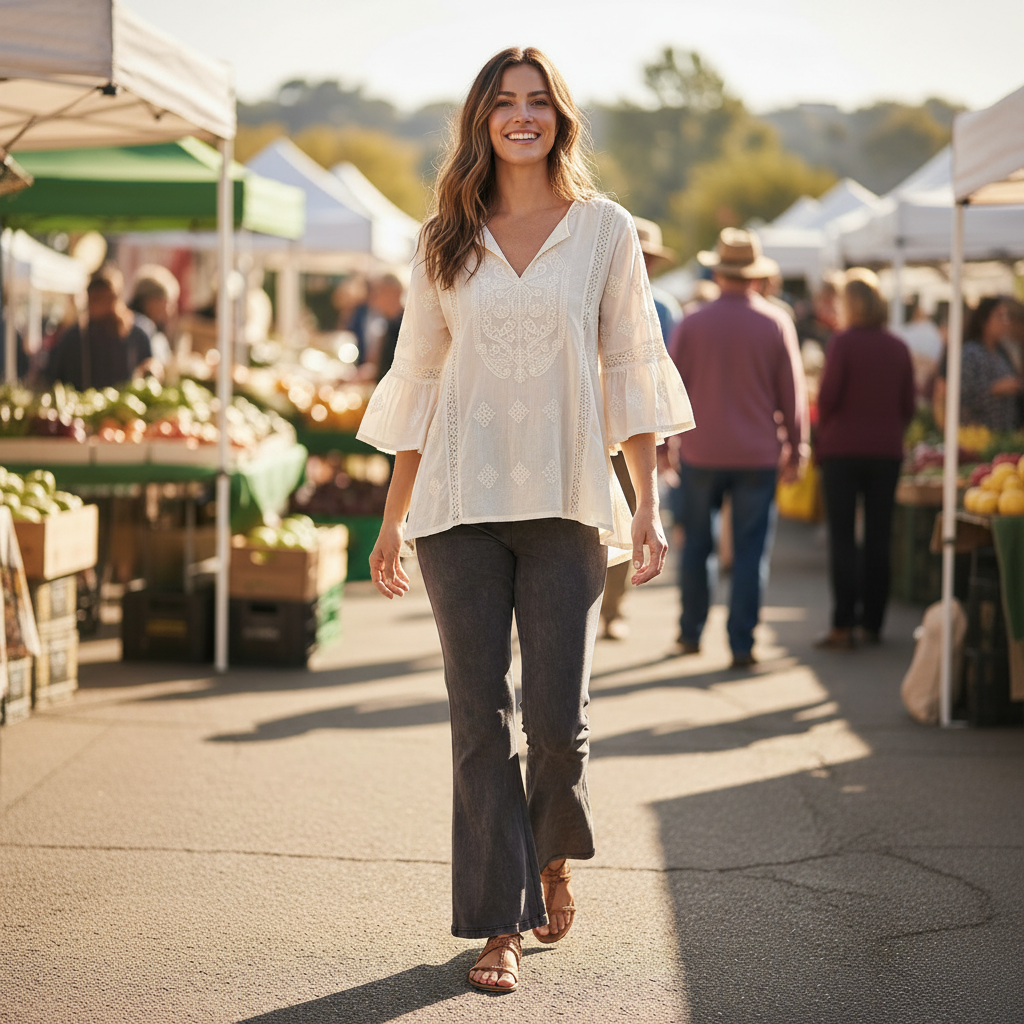 Mineral Washed Yoga Pants with bohemian tunic and sandals at farmers market - casual lifestyle
