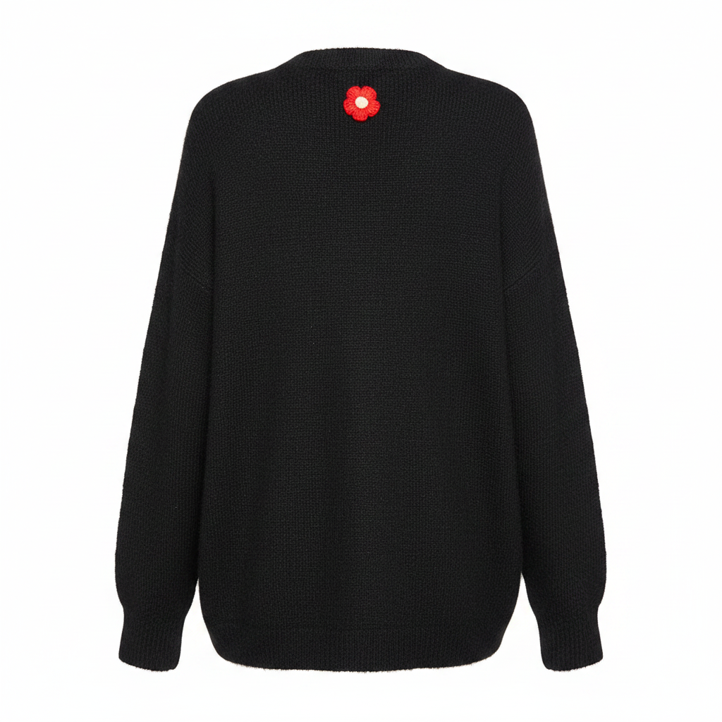 Women's black mohair-blend cardigan back view, solid knit with red floral appliqué at center back, relaxed fit