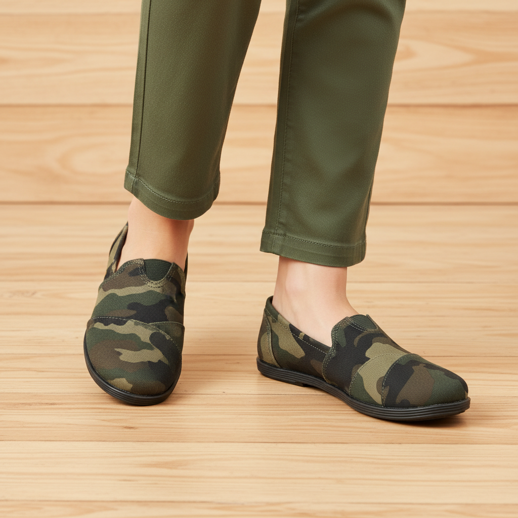 Women's camouflage canvas slip-on flat on warm wood floor showing rounded toe and flat black sole - BellanBlue